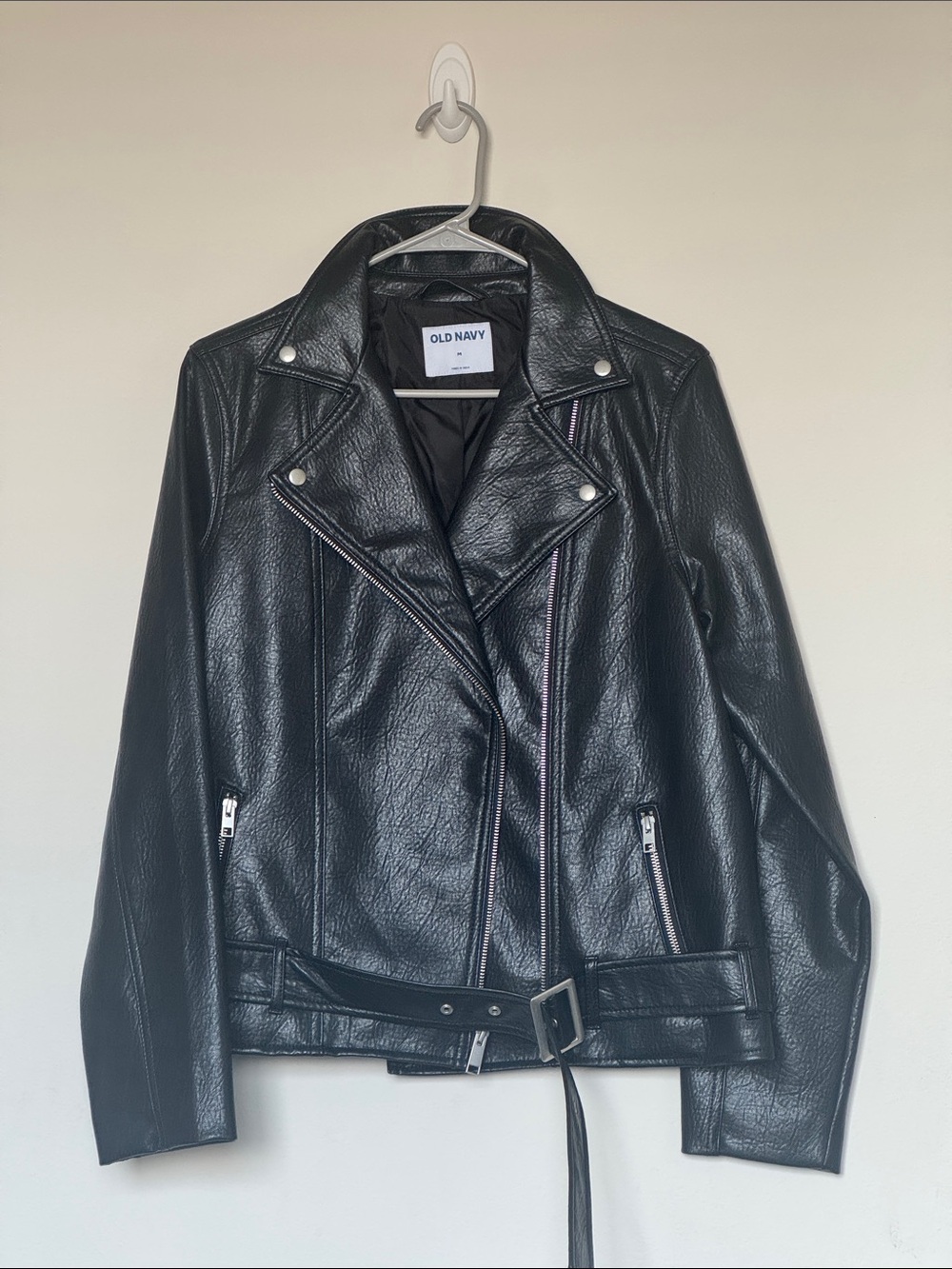 Old Navy Black Faux Leather Moto Jacket with Belt Size Medium Like New